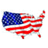 Map of the United States filled with the design of the American flag, featuring stars and red and white stripes.