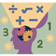Illustration of a human head with gears inside and mathematical symbols and numbers above, representing analytical thinking or mathematical intelligence.