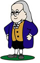 Cartoon illustration of an older man with glasses, long gray hair, a blue coat, yellow vest, and black shoes, standing on green ground.