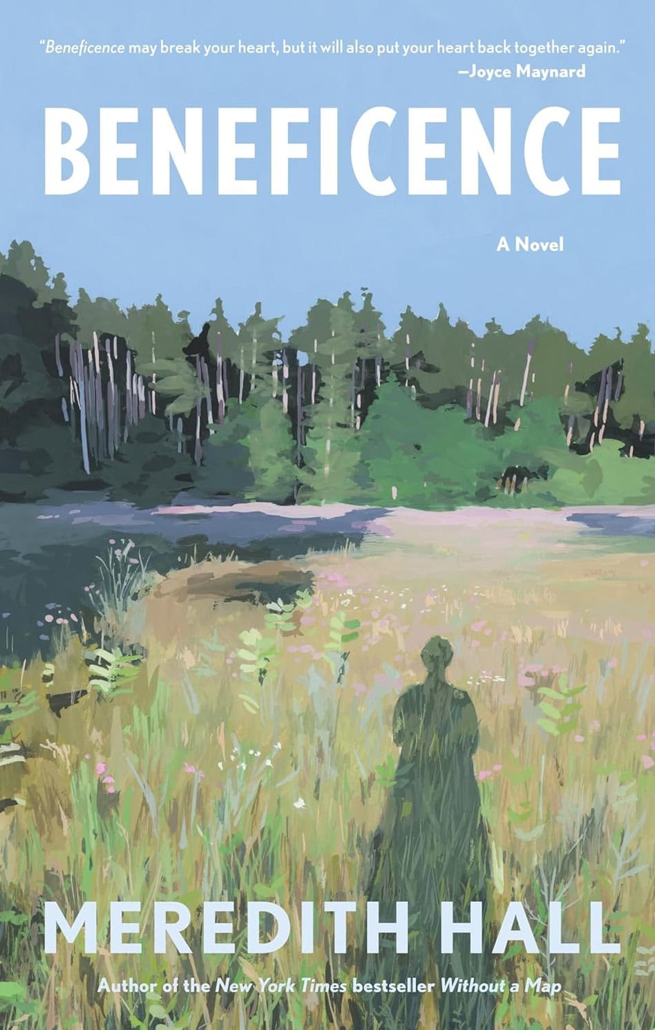 book cover of "beneficence" by meredith hall, featuring an illustrated landscape with fields, trees, and the shadow of a person in the foreground.