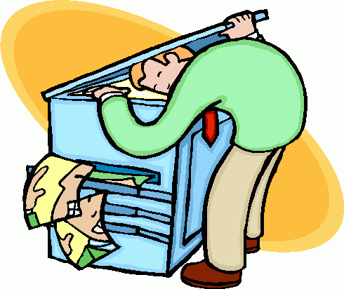 A person in a green shirt and beige pants looks inside a photocopier with papers and a cartoon face jammed in the machine.