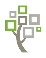 Stylized tree illustration with a brown trunk and branches, featuring green and gray square shapes representing leaves.