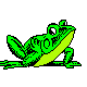 Animated green frog hops forward with its legs bent and body leaning toward the ground, shown on a plain background.