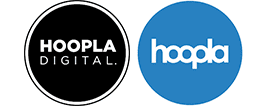 Two logos side by side: the left is a black circle with "HOOPLA DIGITAL" in white text; the right is a blue circle with "hoopla" in lowercase white text.