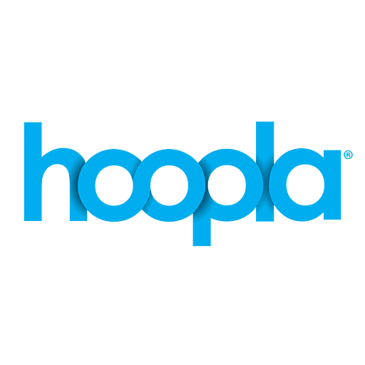 The image shows the word "hoopla" in lowercase, bold, blue letters with a modern, rounded font on a transparent background.