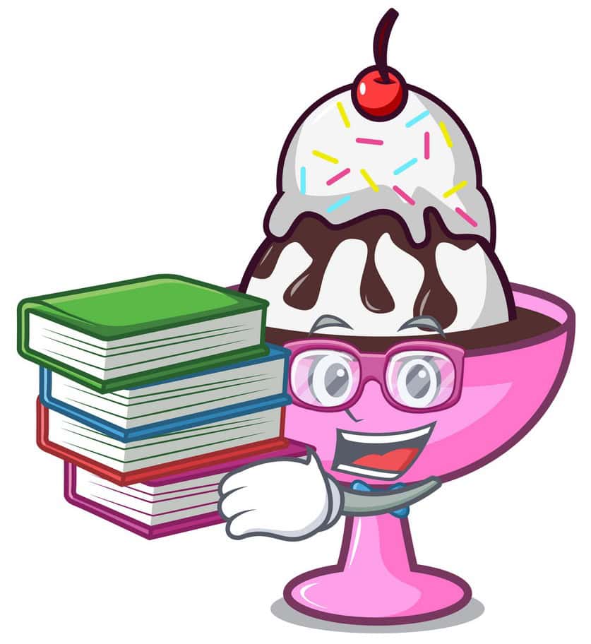 cartoon ice cream sundae in a pink bowl wearing glasses, smiling and holding a stack of books.