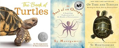 three book covers by sy montgomery are shown: "the book of turtles," "the soul of an octopus," and "the book of time and turtles." each cover features animal themed artwork.