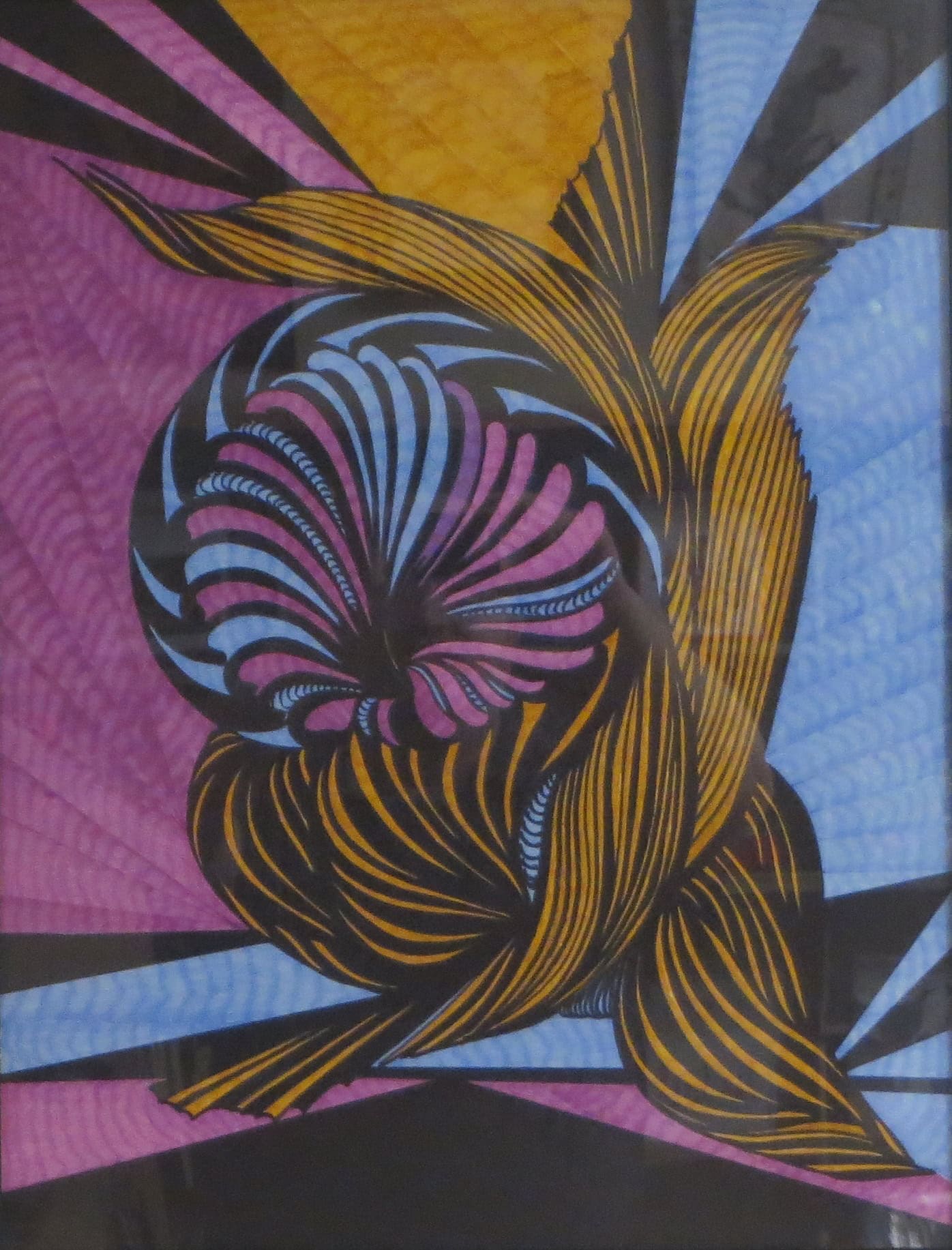 abstract artwork featuring swirling yellow, blue, pink, and black lines, forming an intricate, dynamic pattern against a vibrant background.