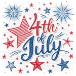 hand drawn red, white, and blue stars and fireworks surround the text "4th of july" in a festive, patriotic design.