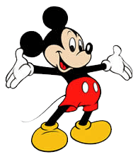Cartoon image of Mickey Mouse standing with arms open, wearing red shorts, yellow shoes, and white gloves.