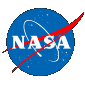 NASA logo featuring white letters, a red vector symbol, and a blue circular background with white stars and an orbiting object.