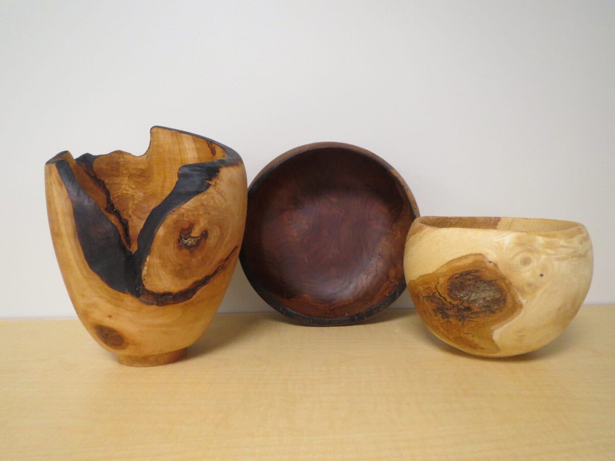 three hand-made, wood-turned bowls