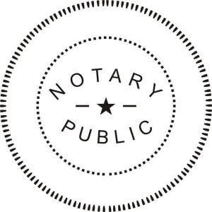 A circular notary public seal with the words "Notary Public" and a star in the center, surrounded by dotted borders.