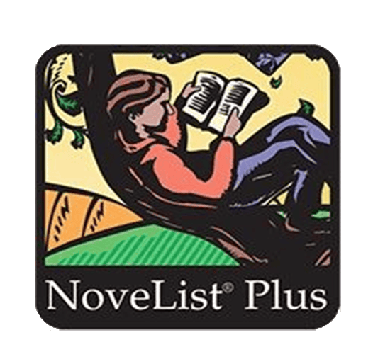 Illustration of a person reading a book while reclining in a tree; below is the text “NoveList Plus” on a black background.