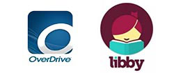 Logos for OverDrive, featuring a stylized blue "O," and Libby, showing a cartoon character reading a teal book.