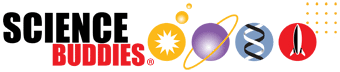 Science Buddies logo with science-themed icons: a sunburst, atom, DNA strand, and rocket, alongside the text "SCIENCE BUDDIES" in bold black and red letters.