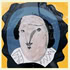 Abstract portrait of a person with a pale face, dark hair, and a white collar against a yellow and blue background.