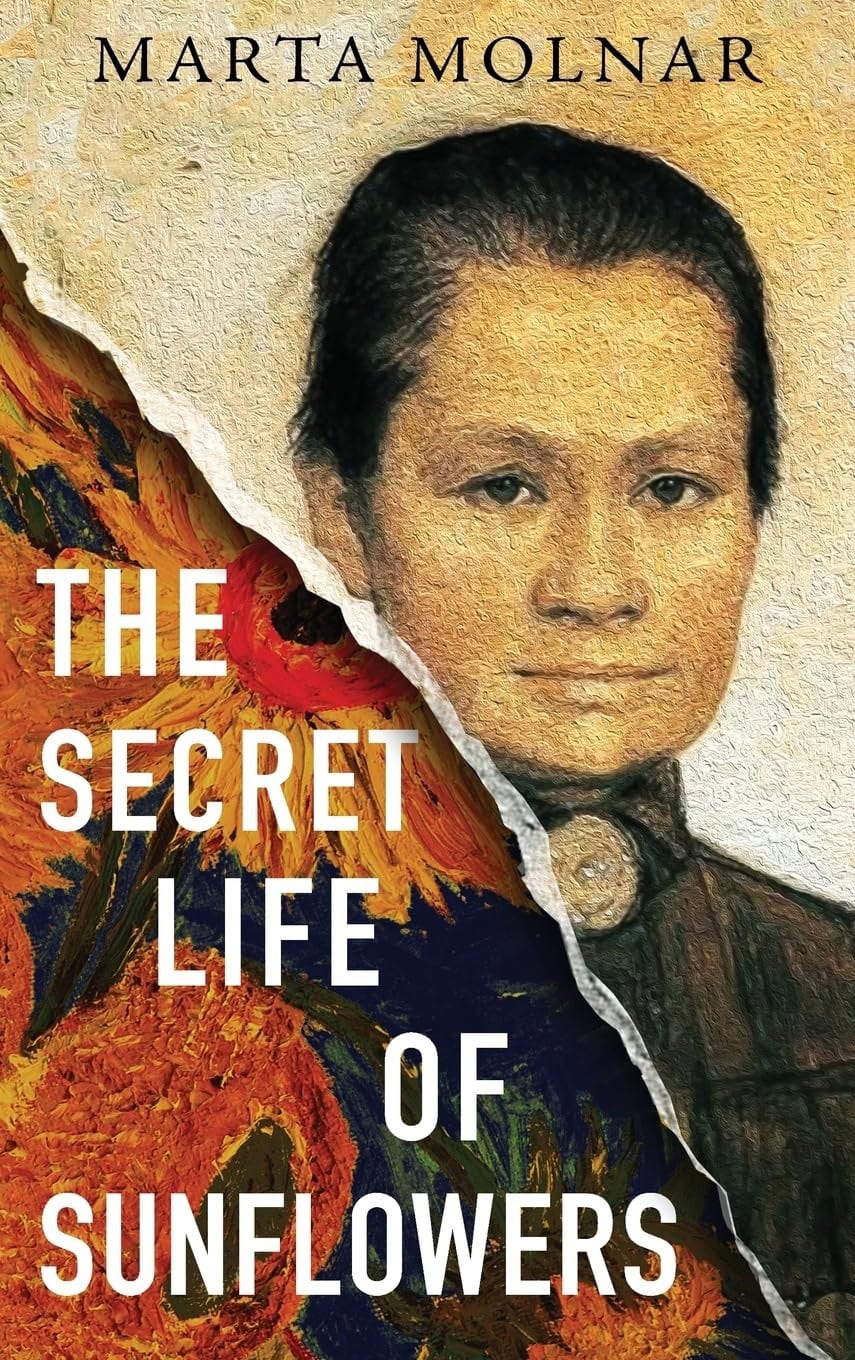 book cover for "the secret life of sunflowers" by marta molnar, featuring a portrait of a woman and a sunflower painting split by a diagonal tear.