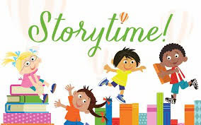 illustration of four children with books and the word "storytime!" in green text above them. the children appear happy and are surrounded by colorful stacked books.
