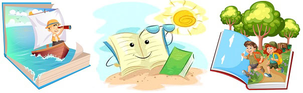 three illustrated books: one with a boy in a sailboat, one with a smiling book and sunglasses on a beach, and one with two children hiking in a forest.