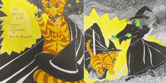 illustrated book pages show an orange cat in a cape and a hat labeled "the witch cat," alongside a green skinned witch in black robes against a yellow and black background.