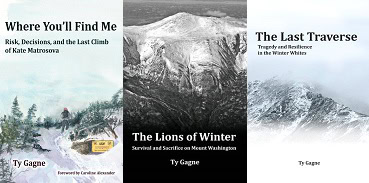 Ty Gagne books covers for 'Where You'll Find Me', 'The Lions of Winters', and 'The Last Traverse' showing rugged mountains and winter scenes.