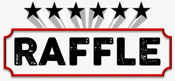 a sign with the word "raffle" in bold black letters, five black stars above, and a red border around the text.