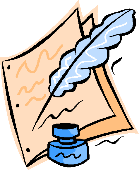 Illustration of a feather quill and ink bottle placed on top of two sheets of paper with handwritten lines.